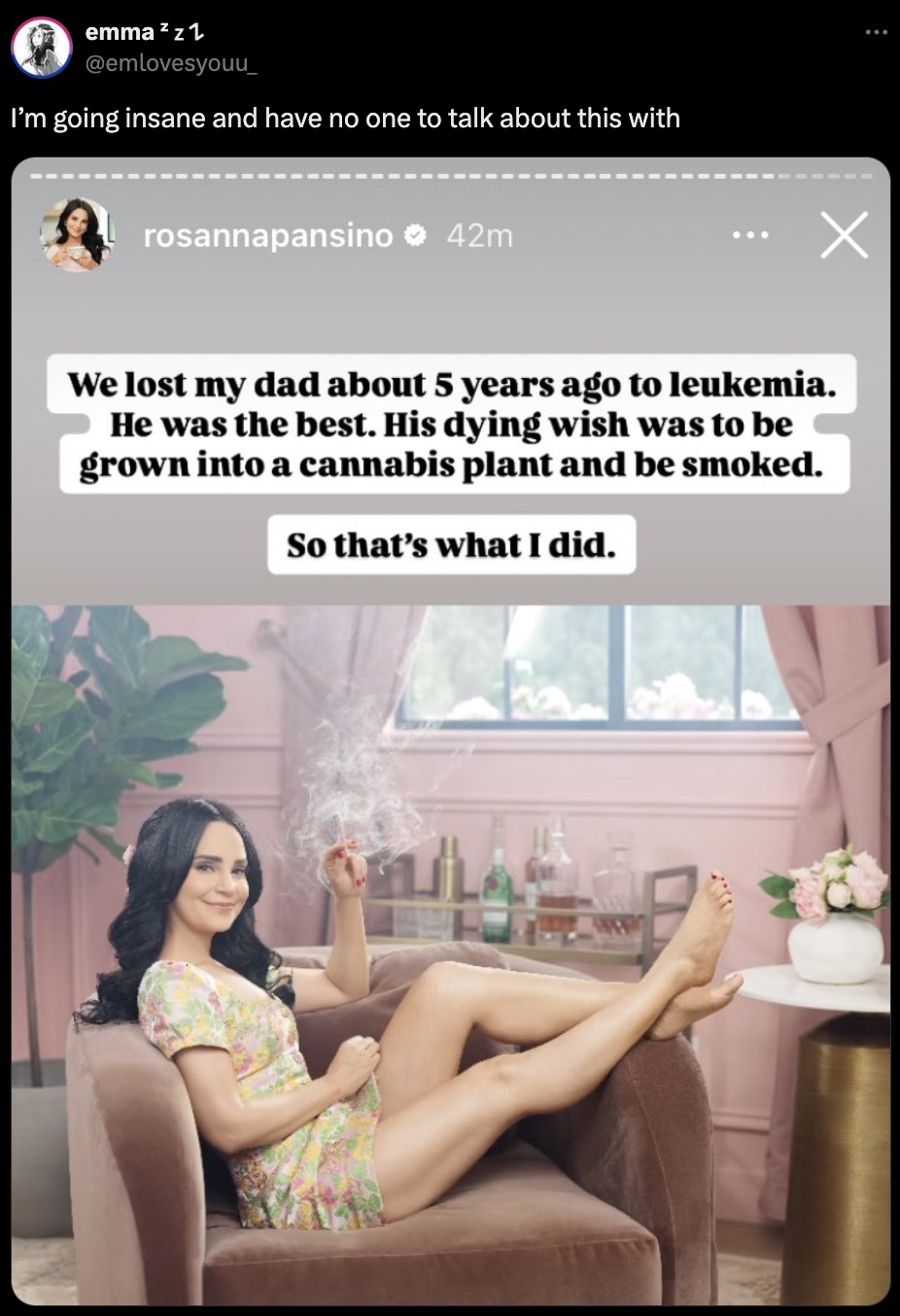 screenshot - emmazz 1 I'm going insane and have no one to talk about this with rosannapansino 42m We lost my dad about 5 years ago to leukemia. He was the best. His dying wish was to be grown into a cannabis plant and be smoked. So that's what I did.